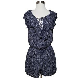 Cape Juby Women Blue Rayon Lace Up Neck Ruffle Abstract Print Chic Romper Size S